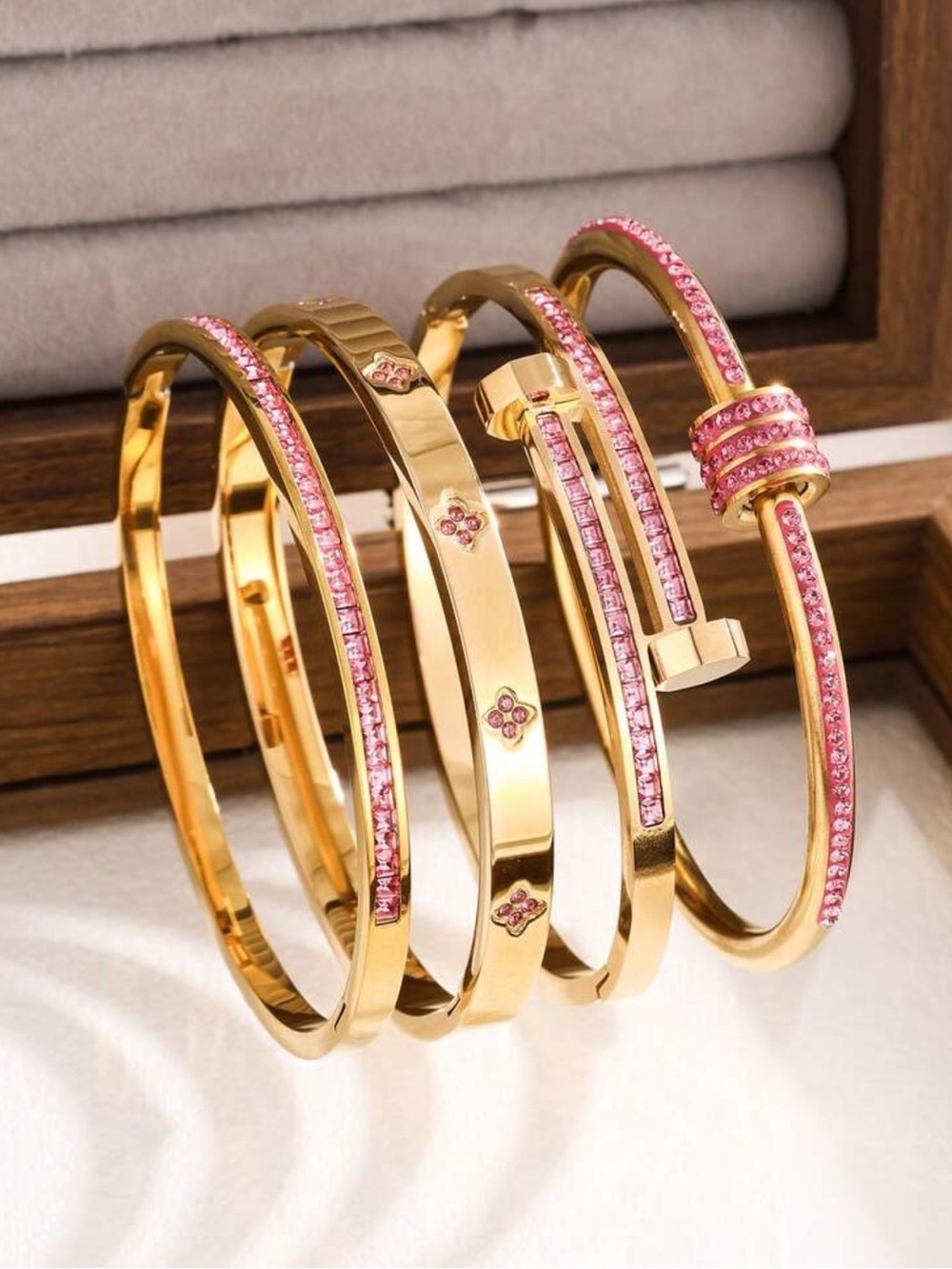 Macy's Gold Tone Bangle Bracelet Set with Pink Crystal Accents